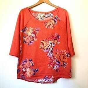 ARIZONA JEAN CO Orange Purple White Floral 3/4 Sleeve Knit Tee Top JUNIORS Large